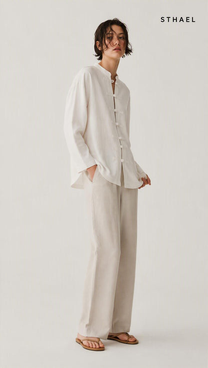 Women’s Linen-Blend Oversized Shirt with Frog Fastening