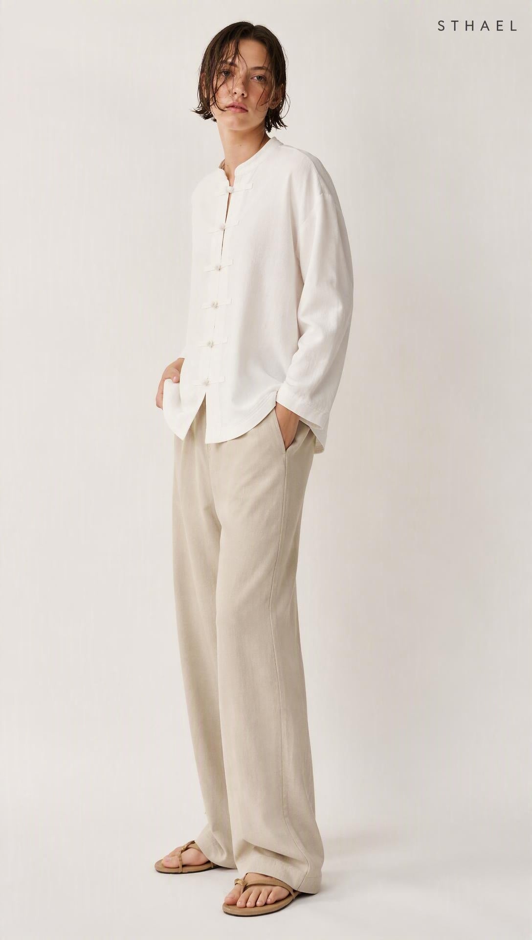 Women’s Linen-Blend Oversized Shirt with Frog Fastening