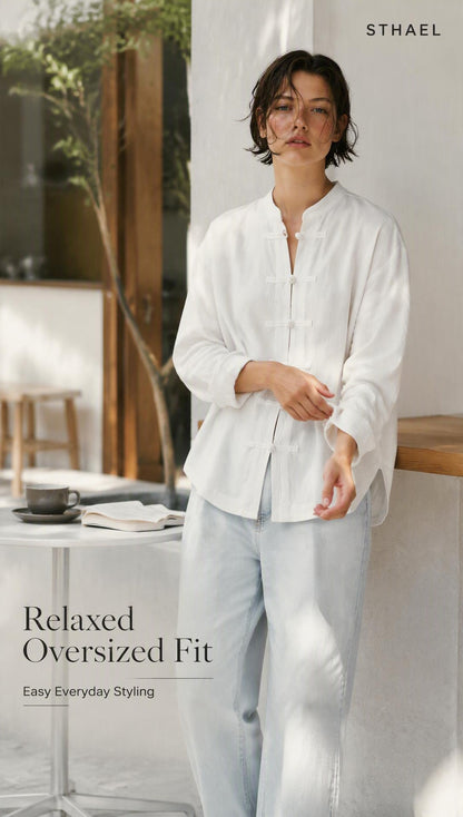 Women’s Linen-Blend Oversized Shirt with Frog Fastening
