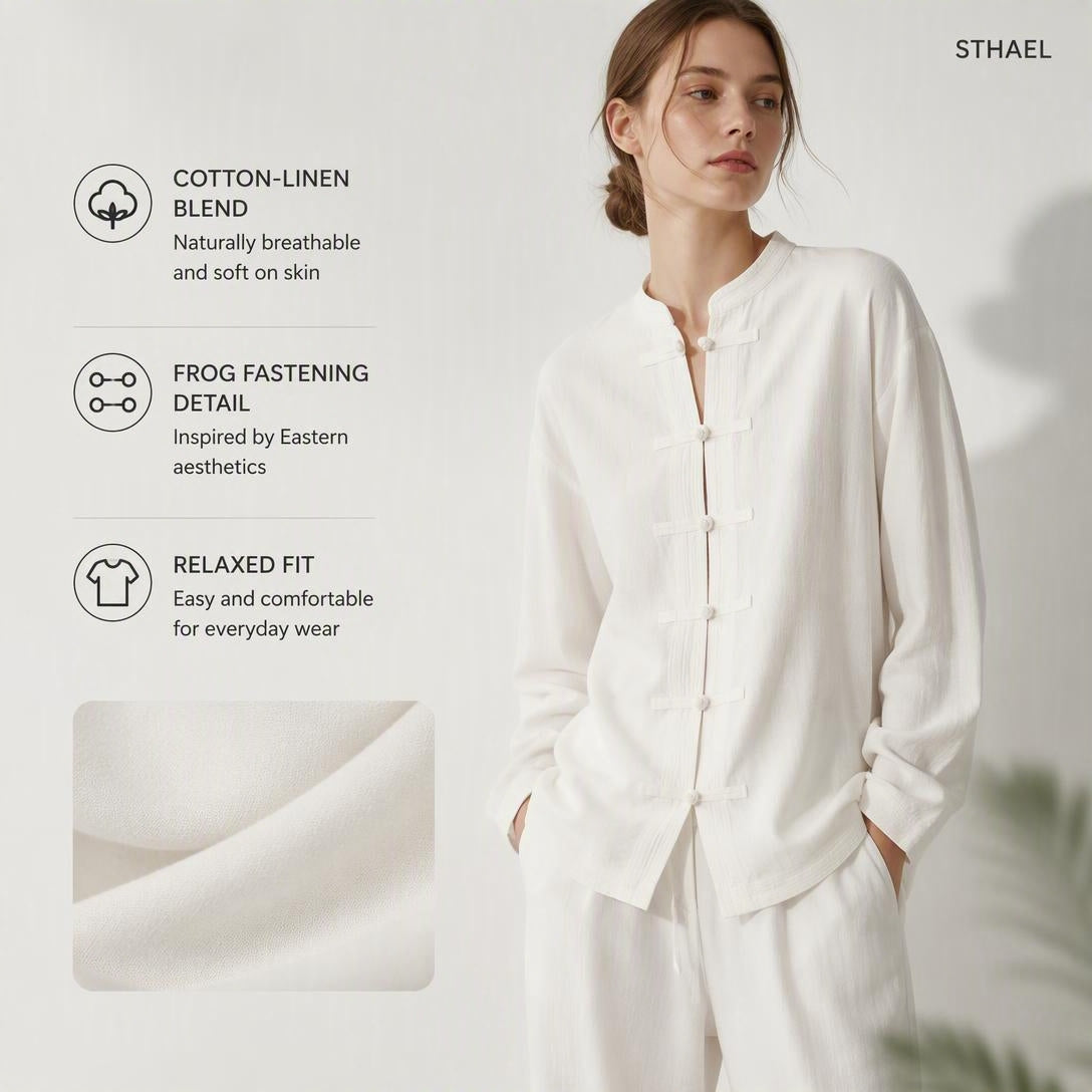 Women’s Linen-Blend Oversized Shirt with Frog Fastening