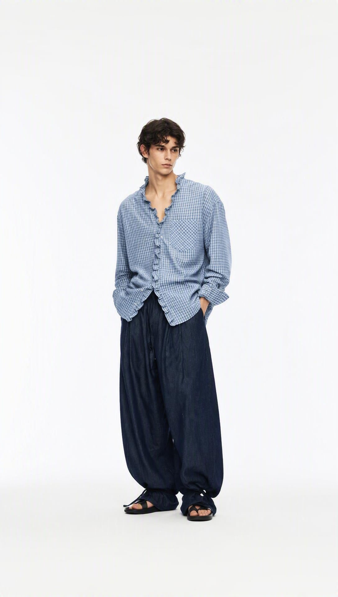Unisex Yarn-Dyed Gingham Ruffle Shirt