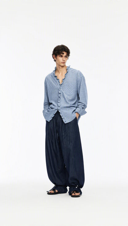 Unisex Yarn-Dyed Gingham Ruffle Shirt