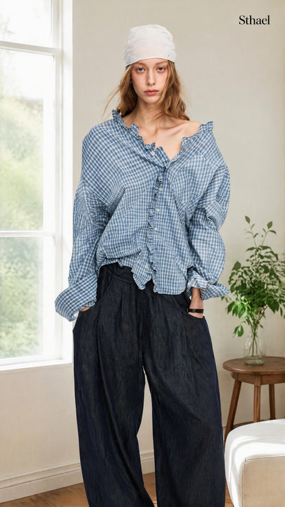 Unisex Yarn-Dyed Gingham Ruffle Shirt
