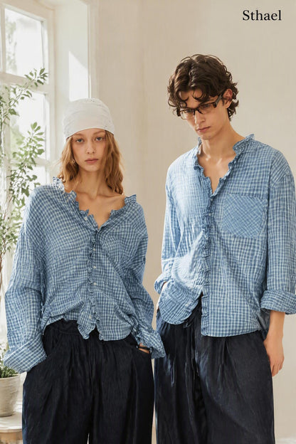 Unisex Yarn-Dyed Gingham Ruffle Shirt