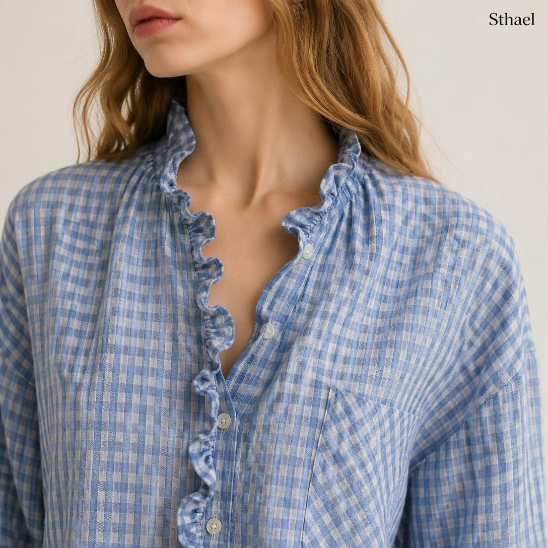Unisex Yarn-Dyed Gingham Ruffle Shirt
