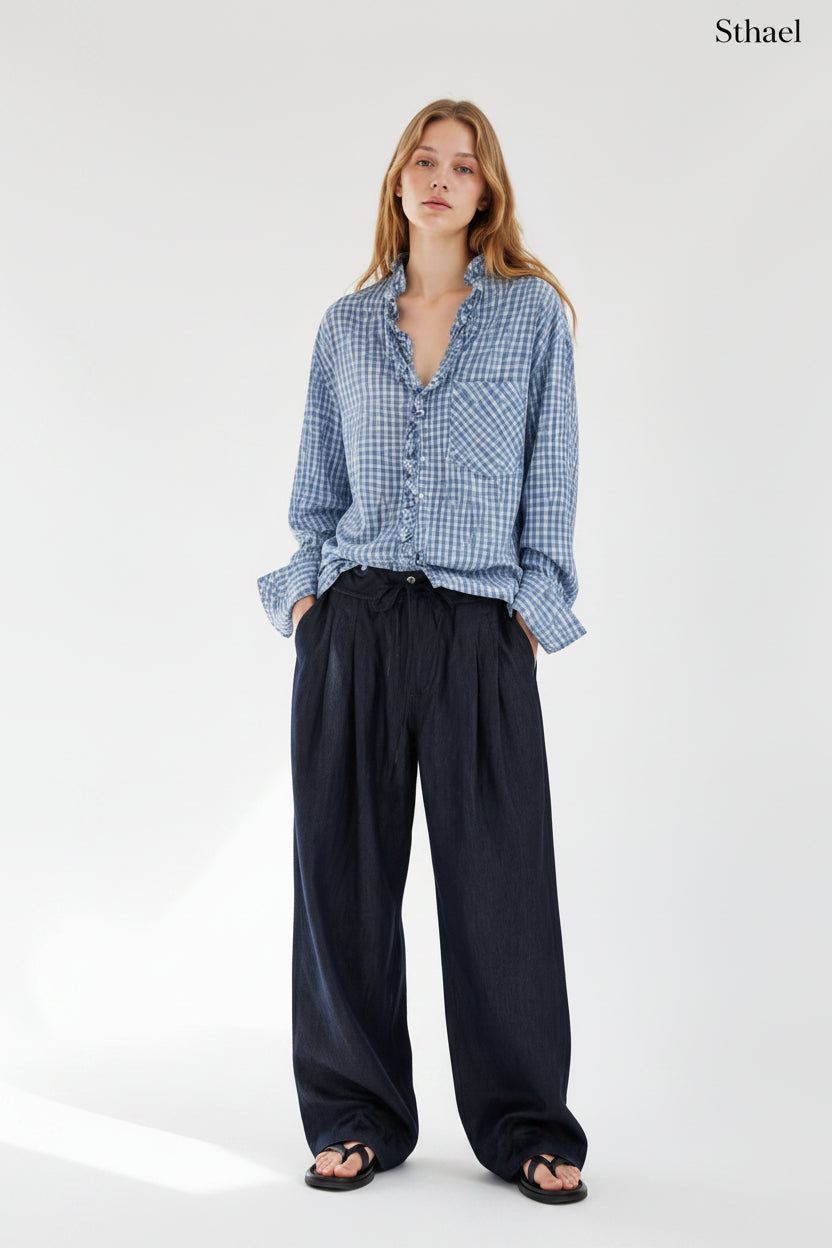 Unisex Yarn-Dyed Gingham Ruffle Shirt