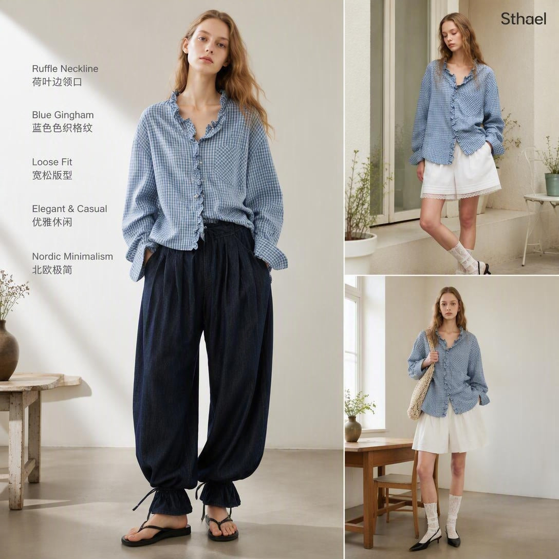 Unisex Yarn-Dyed Gingham Ruffle Shirt