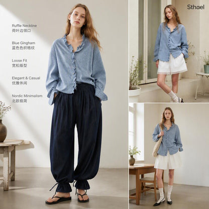 Unisex Yarn-Dyed Gingham Ruffle Shirt