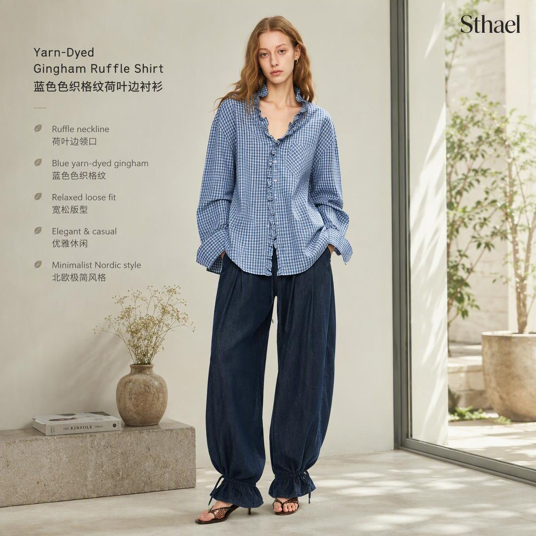 Unisex Yarn-Dyed Gingham Ruffle Shirt