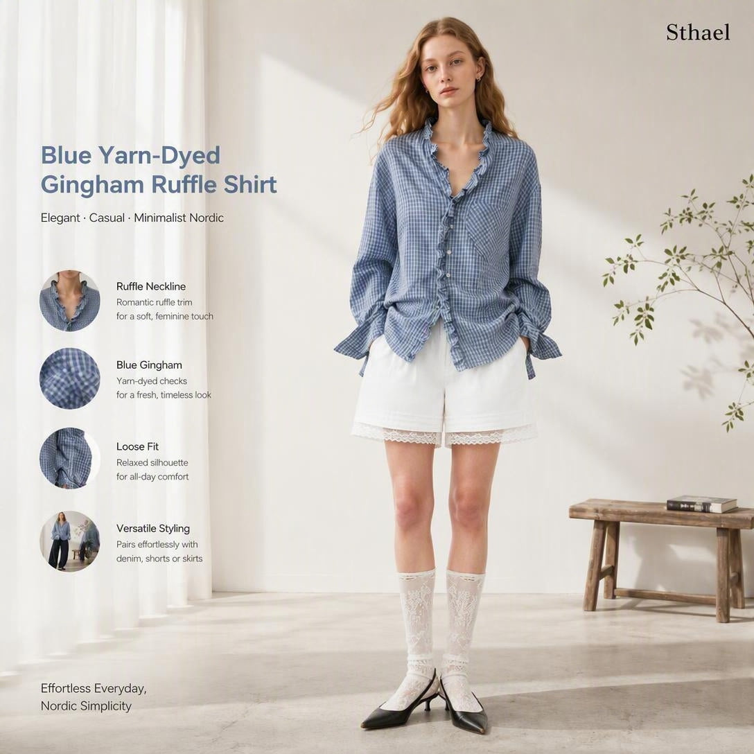 Unisex Yarn-Dyed Gingham Ruffle Shirt