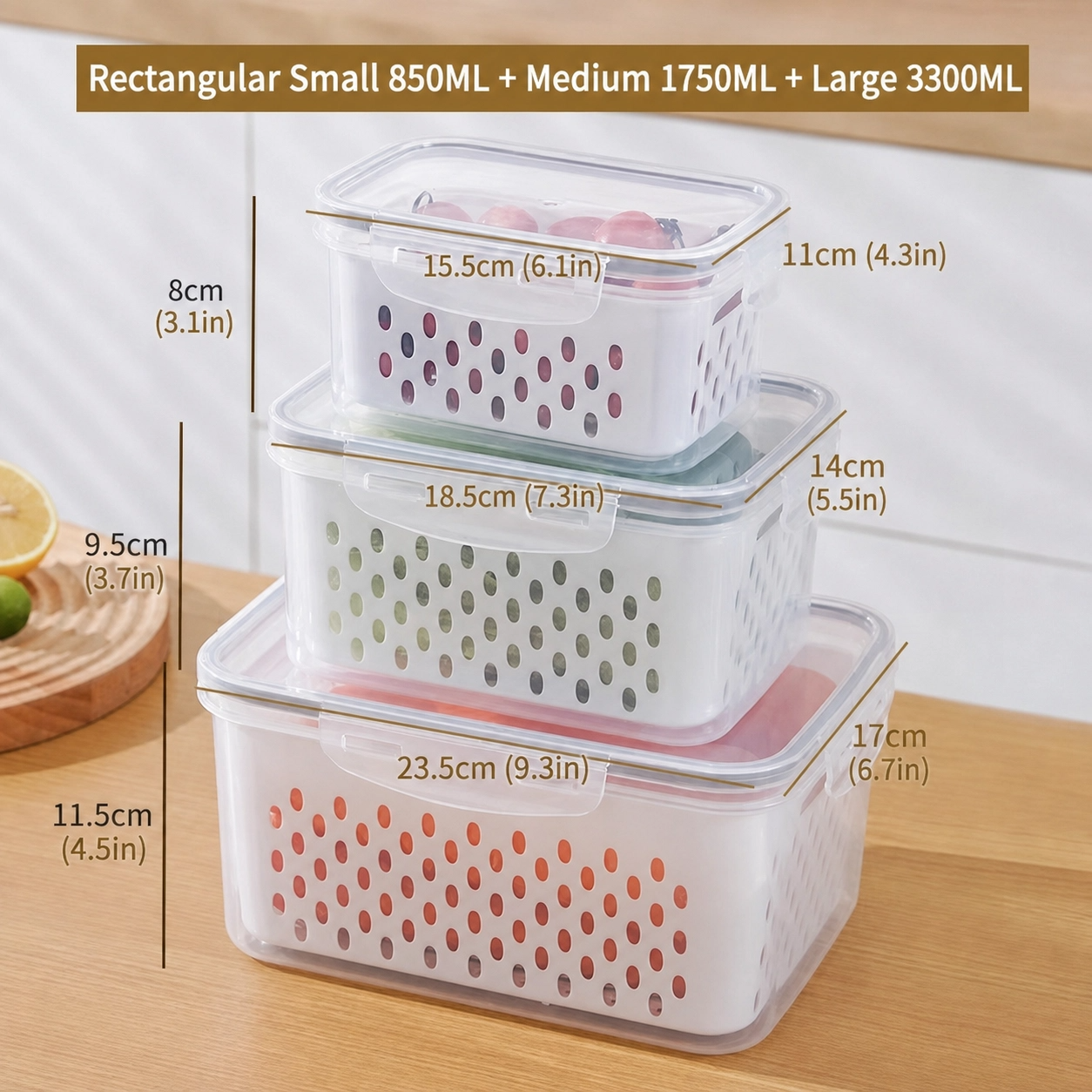 🥗 3PCS Stackable Fridge Produce Saver Containers with Removable Colander – Airtight Food Storage Boxes for Fruits, Vegetables & Meal Prep